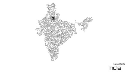 India, with its capital city of New Delhi, is represented as a microchip with a central processing unit. A technological representation of the country's outline. White background.