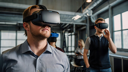 Employees using virtual reality (VR) headsets for immersive project simulations.
