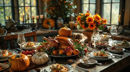 Thanksgiving dinner with a beautifully set table.