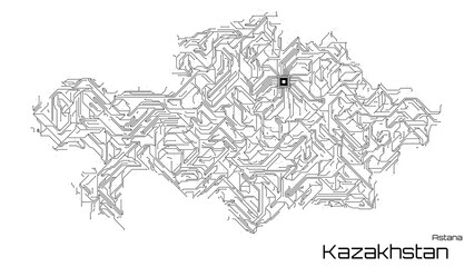 Kazakhstan, with its capital city of Astana, is represented as a microchip with a central processing unit. A technological representation of the country's outline. White background.