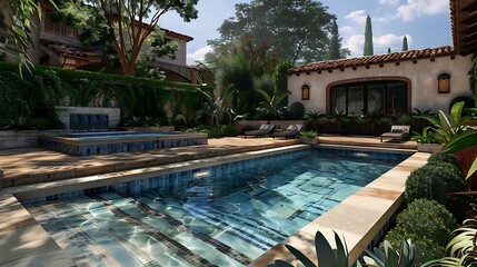 Obraz premium Swimming pool with an inviting patio creates a tranquil outdoor setting at a residential property.
