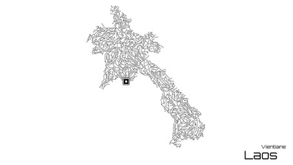 Laos, with its capital city of Vientiane, is represented as a microchip with a central processing unit. A technological representation of the country's outline. White background.