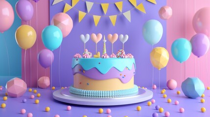 Colorful birthday cake with balloons and decorations in pastel background, perfect for celebrations and party banners.
