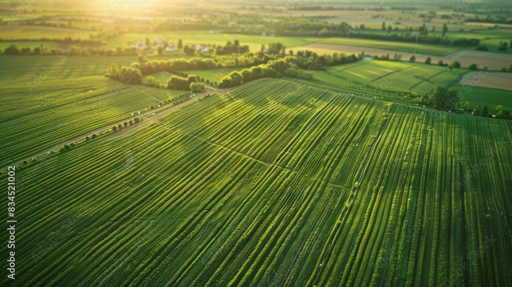 Poster a wide aerial view of a sprawling farm showcasing the use of tingedge technology for precise crop yi
