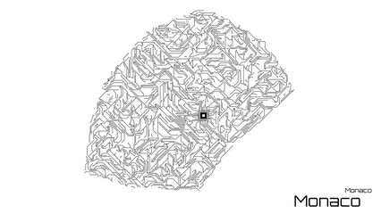 Monaco, with its capital city of Monaco, is represented as a microchip with a central processing unit. A technological representation of the country's outline. White background.