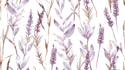 Fototapeta premium Seamless pattern of watercolor hand-drawn ornamental grasses and lavender, emphasizing a calming and elegant aesthetic