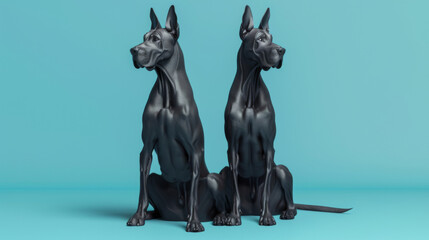 Two black Great Danes sitting on a blue background, highlighting their strong build and attentive expressions.