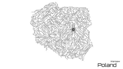 Poland, with its capital city of Warsaw, is represented as a microchip with a central processing unit. A technological representation of the country's outline. White background.