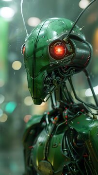 Futuristic Robotic Creature with Pulsing Warning Light in Global Economic Network