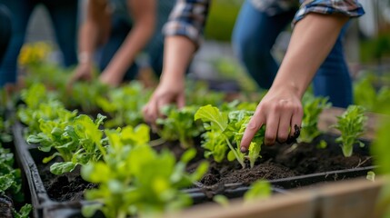 Community garden project funded by a green business, employees and volunteers planting and harvesting together