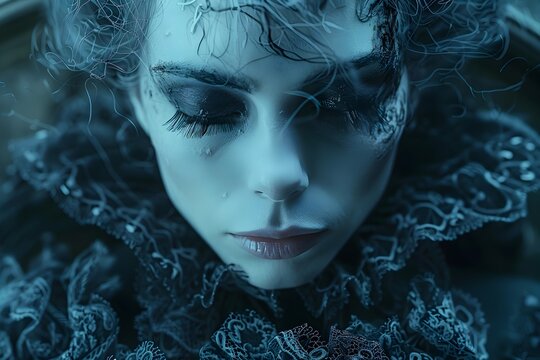 Hypnotic Undead Aristocrat in Elaborate Victorian Mourning Attire Emerges from Overgrown Castle Ruins with Piercing Emerald Gaze in Vintage Tintype