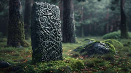 Intricate Viking Rune Stone Monolith with Scandinavian Motifs and Mythical Carvings in Forested Glen Setting