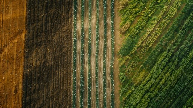 An overhead shot of a field divided into distinct sections each planted by a different precision planting drone.