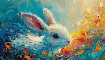 Van Gogh s style, white rabbit with Alice in Wonderland, dynamic brushstrokes, vibrant and dreamy