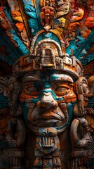 Majestic Mayan Deity Statue with Intricate Carvings and Vibrant Tribal Motifs in Cinematic Digital Artwork