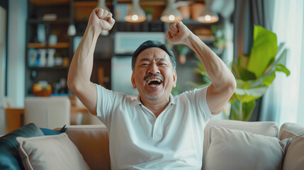 An Asian man in his 30s was sitting on a couch, wearing white short sleeves and raising his arms