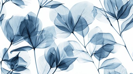 Seamless pattern of x-ray images of botanical elements like leaves and flowers, creating a delicate and ethereal design