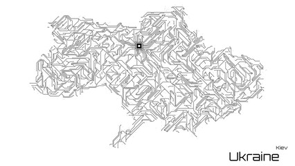 Ukraine, with its capital city of Kiev, is represented as a microchip with a central processing unit. A technological representation of the country's outline. White background.