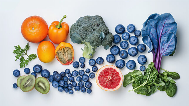 Blue vegetables and fruits top view