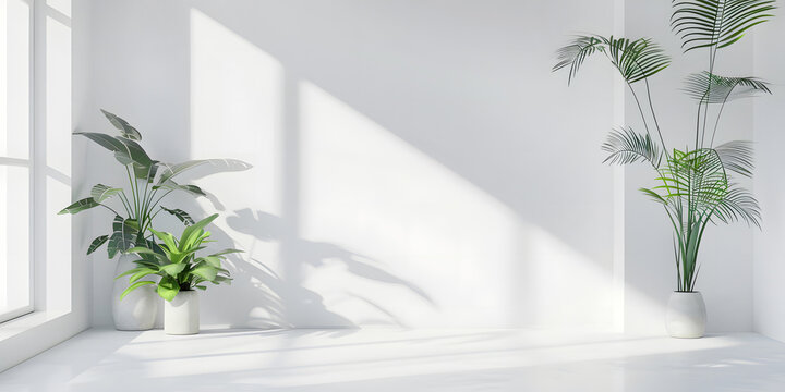 Sala de estar minimalista color blanco con una ventana grande con entrada del sol y macetas con plantas 