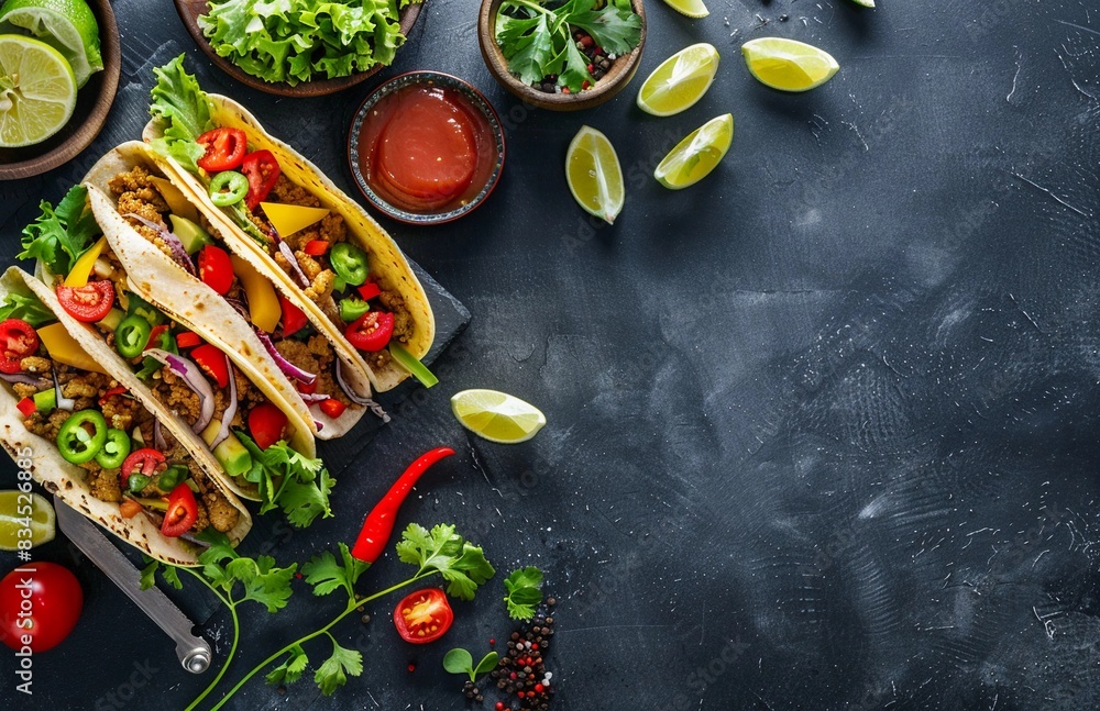 Wall mural tacos with greenery, chilli pepper and lime on black background, top view