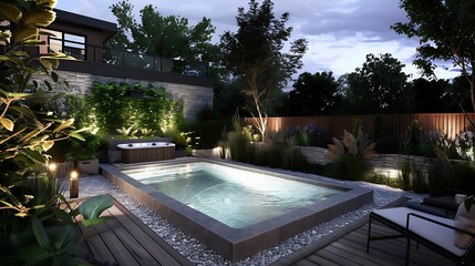 Fototapeta premium A contemporary residential dipping pool surrounded by rich wooden decking is softly lit for.
