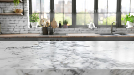 Empty marble table top view with blurred home kitchen