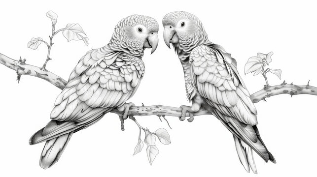recommend clip art: Intricate pencil sketch depicting two parrots perched on a branch, showcasing detailed feathers and a natural pose in a black and white illustration.