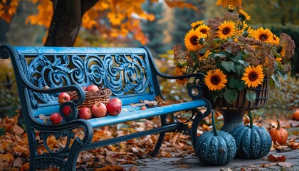 Blue iron bench near a maple tree, large basket of apples, rose hips, green pumpkins, sunflowers, blurred background