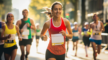 Female runner jog sport marathon. Woman athlete run long distance. Girl jogger work out urban public park. Sportswoman train body. Health city life concept. Fast run race slow motion. Active fit track