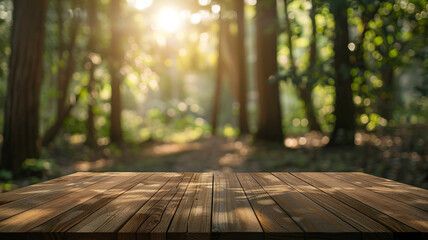 Empty wooden board table in front of blurred background