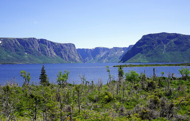 Naklejka premium Snow-capped peaks above Western Brook Pond in Newfoundland's Gros Morne Park