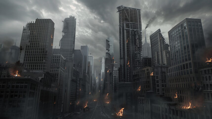 Fototapeta premium A cityscape with a lot of smoke and debris, with a bridge in the middle. The scene is bleak and desolate