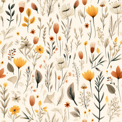 A seamless pattern of charcoal sticks adorned with wildflowers and earth-tone leaves, set against a creamy background