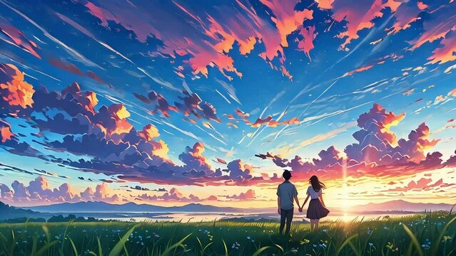 Romantic animation of Couple in Love Holding Hands, Watching Beautiful Sunset Over Meadow and Mountains