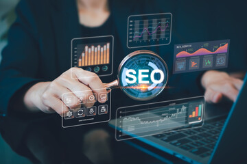 Women use magnifying glasses and computers for analysis of SEO, and search engine optimization...