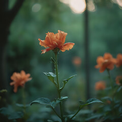Fototapeta premium a single orange flower in the middle of a field