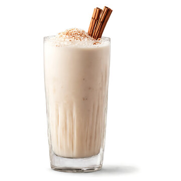 Iced horchata with cinnamon dusting and rice milk splash suspended Food and culinary concept