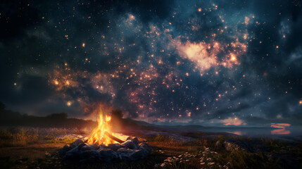 Fototapeta premium An artistic composition of a campfire under the stars, depicting a summer camping experience on the Summer Solstice, Camping under the Stars, hd, with copy space, inscription Summe