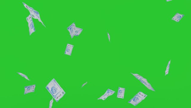 Money rain. 500 dirham UEA banknotes money falling down. Uni Emirates Arab currency. 3D render. Animation. paper money bills falling. Business and finance