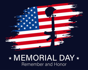 American flag with battle cross in honor and remembrance of fallen heroes, soldiers serving their country america during war. Memorial Day, remember and honor.