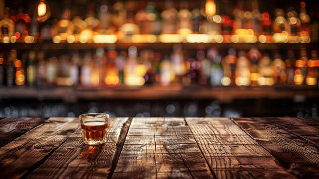 wooden table with a view of blurred beverages bar background