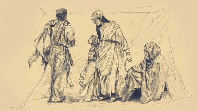 Biblical Illustration of Judges 4: Story of Deborah and Barak, defeat of Sisera, Jael's decisive action in killing Sisera, leading to Israel's victory over Canaanites, Beige Background, copyspace