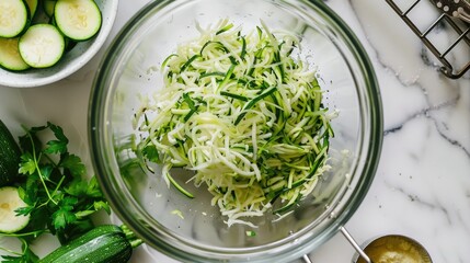 Obraz premium Bowl containing shredded zucchini for making fritters on a bright surface