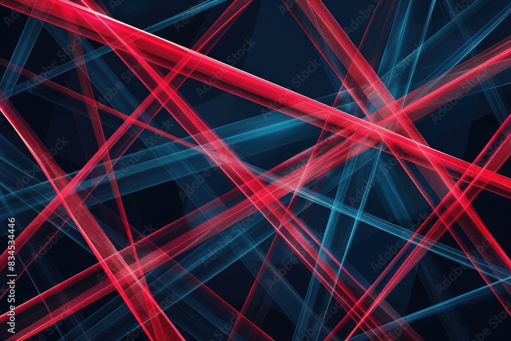 Poster an abstract image of red and blue laser beams crossing each other on a black background. aig51a.