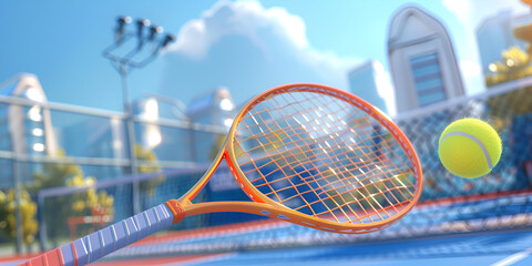 Children's Tennis ball and Tennis Rackets on tennis court. 3d Rendering Of Tennis Rackets And A Ball On The Court Background

