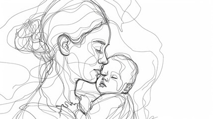 One Line Drawing style, mother holding baby in her arms, white background, simple lines and shapes, no shadows, black line on White Background
