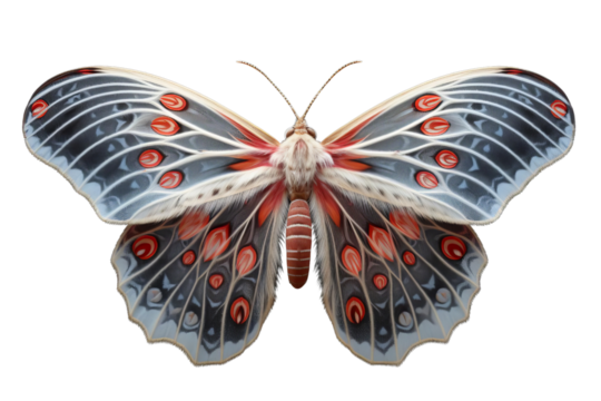 The photo shows a beautiful butterfly with a unique pattern on its wings. The butterfly is white with black and red markings. The butterfly is resting on a white background.