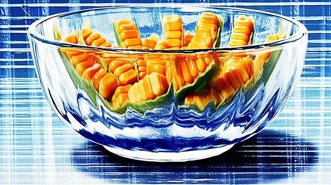 Double Exposure, White Background, Corn in a Blue Bowl illustration ~ Created using Generative AI