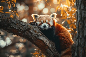 Red panda perched on a tree branch with sunlight - Powered by Adobe